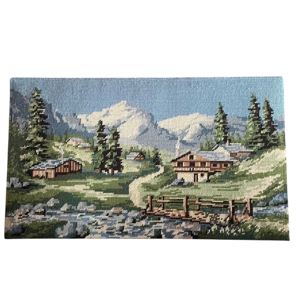 Vintage Hand Crafted Needlepoint Alpine Mountain Landscape Art Blue Green